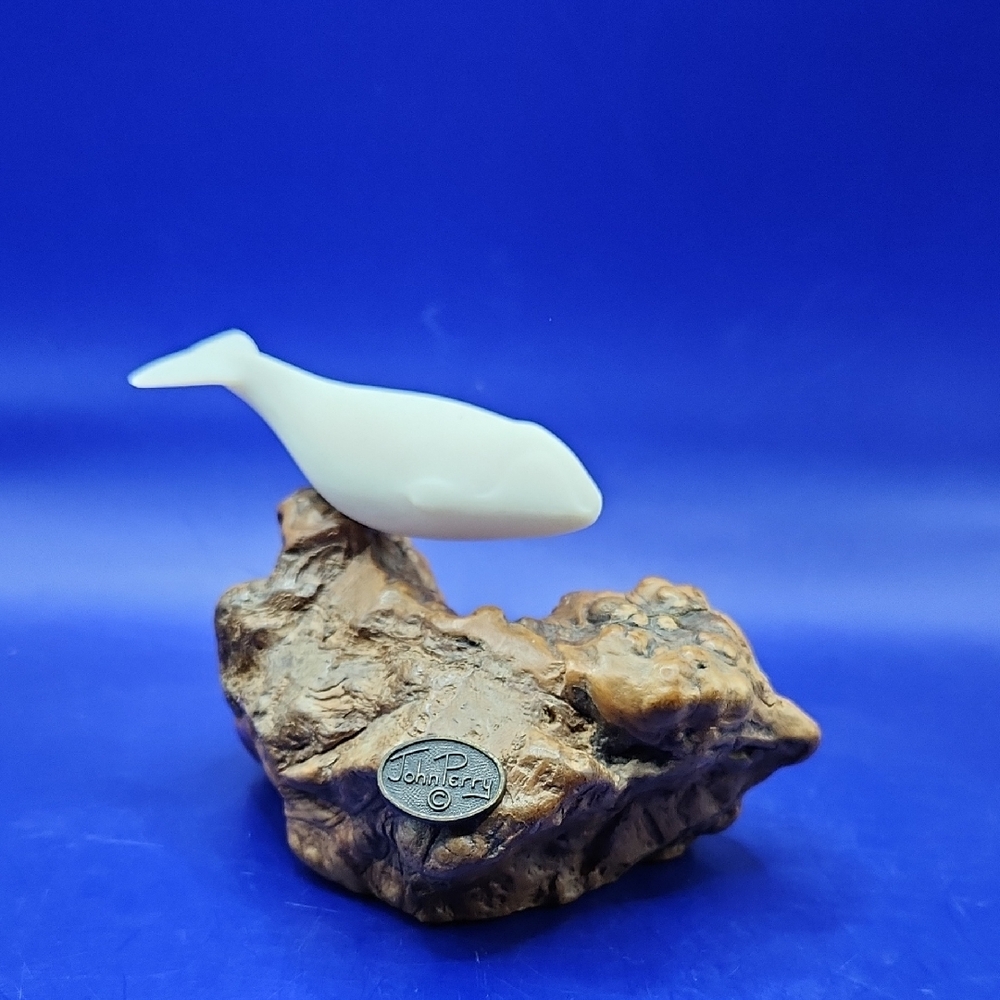 John Perry White Whale Figurine on Wood Burl Base
